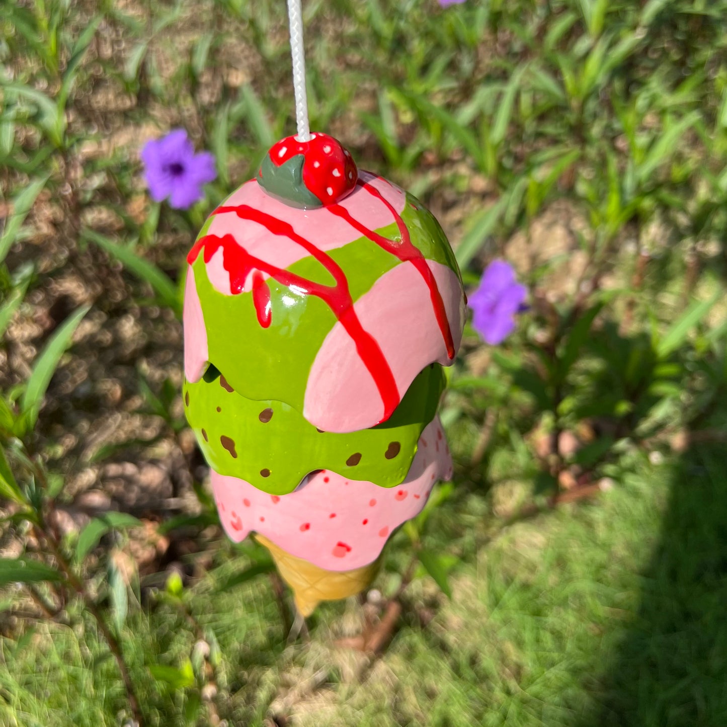 Handmade Ceramic Ice Cream Wind Chime:  Garden Decor. Gift